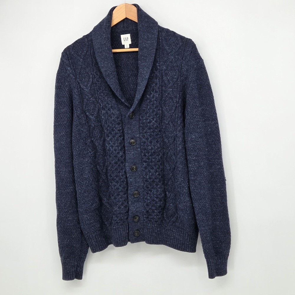 Gap Mens Heavy Chunky Cable Knit Cardigan Navy Blue ShawlCollar Grandpa Core XL